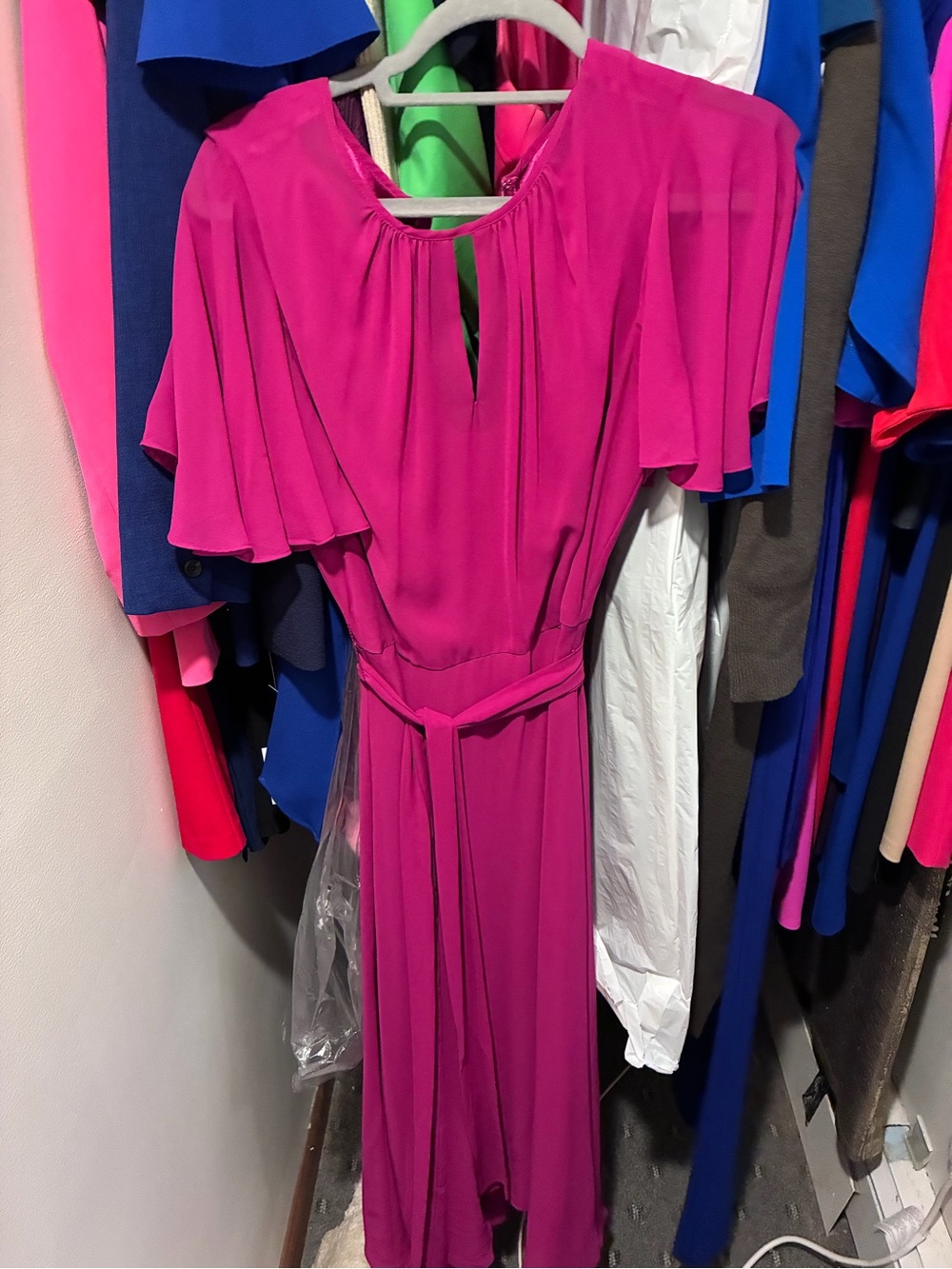 Women's Fuchsia Midi Dress with Flutter Sleeves